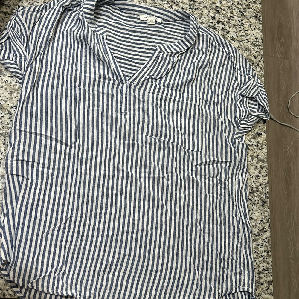Tunic length blue and white striped shirt